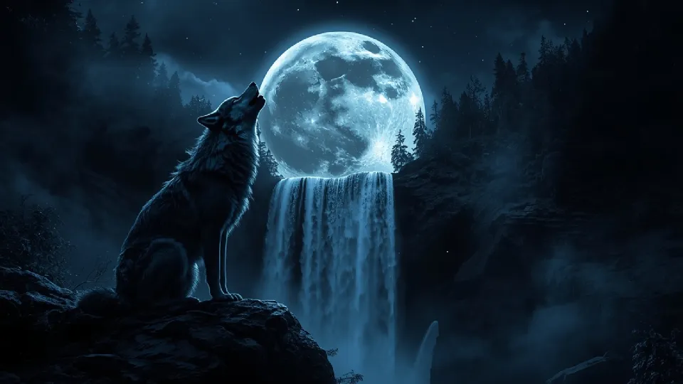 Wolf howling with moon and waterfall dark aesthetic